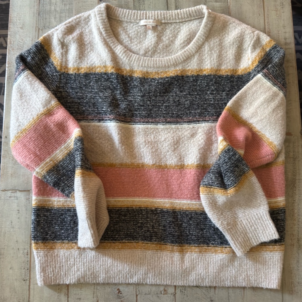 Skies Are Blue Striped Sweater - Pink, Gray, Cream, Yellow Medium
